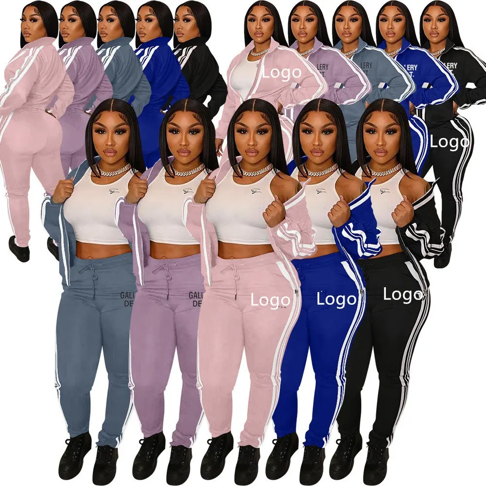 Designer Logo Women Clothing Lounge Wear Fashion Casual Three Bars Sports Zipper Top Solid Long Sleeve Pants Two Piece Pants Set