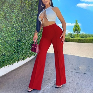 Pantalon décontracté pour femme, nouvelle collection été, taille haute, jambe large, devant plat, uni, imprimé numérique - Product Image 6