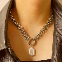 Collier statement en acier inoxydable massif avec plaqué or 18 carats, chaîne à maillons imitation perle, pendentif