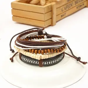 Versão coreana popular da moda pulseira de couro, contas de madeira multicamada listrada pulseira estrela o mesmo acessórios