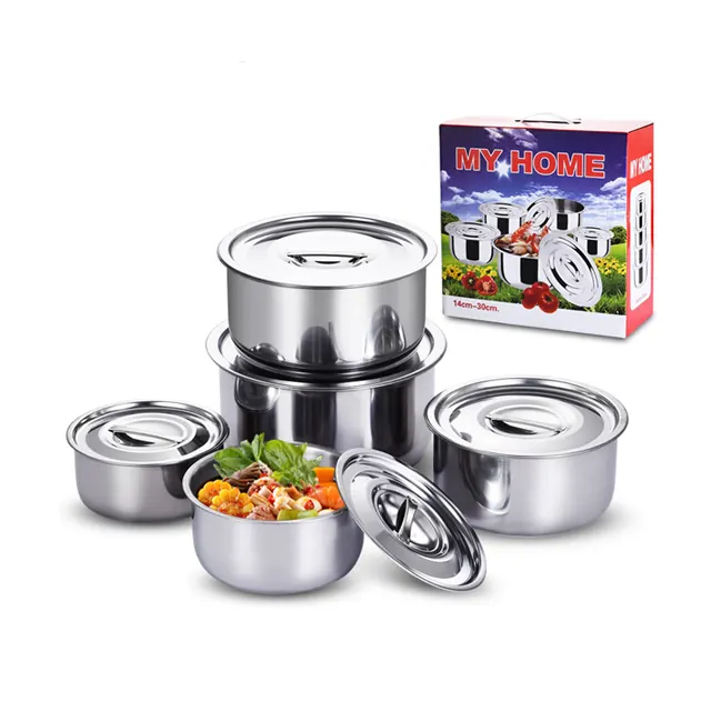 Pentole per minestra da cucina all'ingrosso 5 pezzi in acciaio inossidabile 410 Set di pentole rotonde con coperchio
