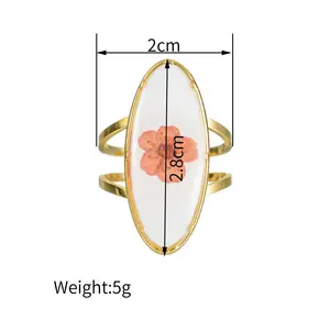 Anel de dedo com flores preservadas para pintura em aço inoxidável, moda europeia, chapeamento de ouro ajustável, esmalte, flores abertas