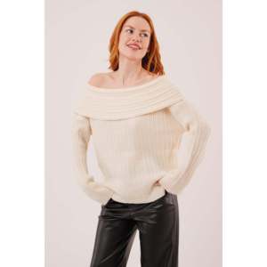 เสื้อไหมพรมครีมออฟเดอะชอลเดอร์ แขนยาวสำหรับผู้หญิง สวมใส่สบาย ไม่เป็นขุย เกรด 12 GG - Product Image 2