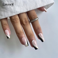 Easywell Meilleures ventes Faux ongles à presser noirs et blancs, forme cercueil, en gel souple personnalisé, design acrylique, couvrance totale