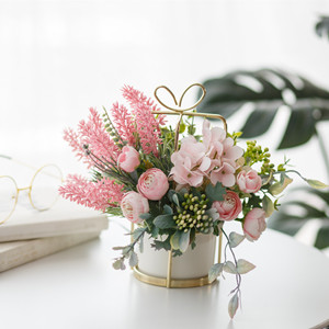 Ensemble de fleurs artificielles, vase en céramique doré, fleurs en soie de couleur cardamome, violet, rose, vert, décoration d'intérieur, plante en pot, style nordique - Product Image 2