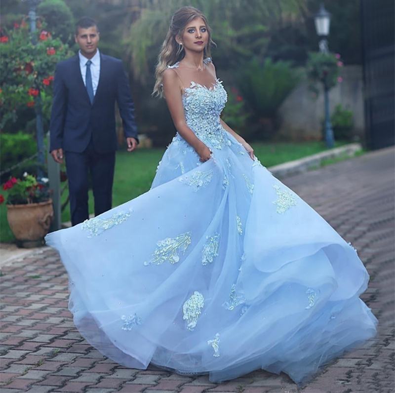Ombre Blue Wedding Dress Floor-Length A-Line Gown