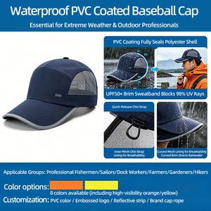 Casquette de baseball imperméable en PVC à 6 panneaux, dos en maille, visière réfléchissante, profil moyen incurvé, ajustable, bleu marine, pour course en extérieur - Product Image 4