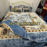 En gros, Ensemble de 4 à 6 couvertures en vison pour lit double, pour l'hiver, taille King, 4 kg, 2 plis, couverture Raschel imprimée A&B avec jupe de lit