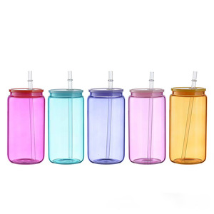 New Mason Jar Drinking Water Bottle Can Cups Colored 16oz Sublimation Beer Glass Can With plastic Lid and Straw