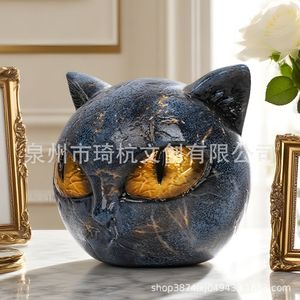 Figurine de chat noir en résine, ornement tête d'animal, yeux jaunes, décoration d'intérieur, artisanat artistique, cadeau - Product Image 3