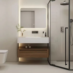 Kabinet mebel kamar mandi kayu polos cokelat grosir kustom bak cuci ganda mewah meja rias kamar mandi - Product Image 3