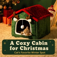 Lit pour chat de Noël, cadeau de vacances, maisonnette en peluche en forme de renne avec bois de cerf pour chatons et chats, grotte cachée confortable pour un sommeil profond