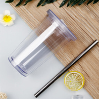 Mug à café ODM sans BPA de 450 ml, avec logo personnalisé, double paroi, en plastique transparent réutilisable, avec paille et couvercle, pour boissons chaudes ou froides (thé, jus, eau)