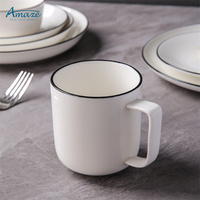Vaisselle en porcelaine crème en gros, service de table en céramique blanche, compatible lave-vaisselle, vaisselle personnalisée pour la maison avec bordure noire