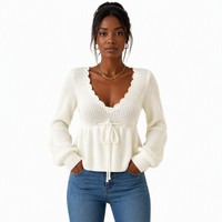 Haut en tricot côtelé pour femme avec logo personnalisé, manches longues, col en V, couleur unie, décontracté, hiver-printemps, en acrylique doux, usine OEM & ODM