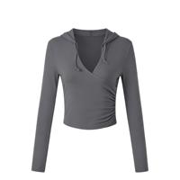 Haut de yoga pour femme, style vintage français, à capuche croisée, froncé, coupe courte et ajustée, en tissu mat, très extensible, respirant et à séchage rapide