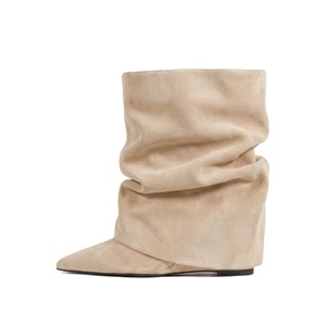 Bottines sexy pour femmes à bout pointu, talon compensé, pliables, en faux daim, froncées et drapées, grandes tailles - Product Image 5
