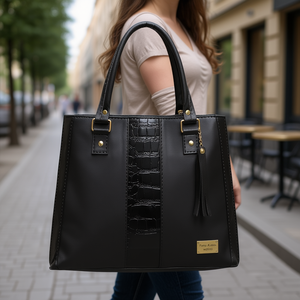 Bolso Tote Casual para Mujer Fana Aisha M3702, Lino Negro, Forro de PU, Cierre de Cremallera y Broche, Asas Dobles, Uso Diario - Product Image 2