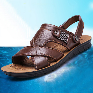 Sandales d'été pour hommes à brides croisées en cuir, bout ouvert, respirantes, décontractées, semelle en caoutchouc, première couche de cuir de vachette, grandes tailles - Product Image 1