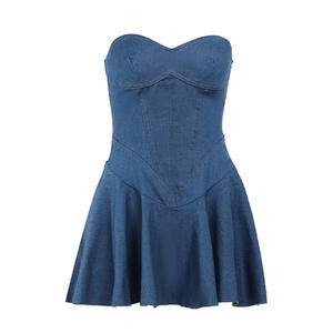 Mini vestido plisado de mezclilla para mujer, pecho envuelto sólido, sin mangas, tendencia clásica de verano, Vestidos femeninos, bata de calle concisa 3429 - Product Image 6