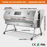 Asador Giratorio Automático de 1548 mm, Acero Inoxidable 304, Ventana de Observación, Termómetro Doble, Gas/Carbón Opcional, Motor, CE-EMC