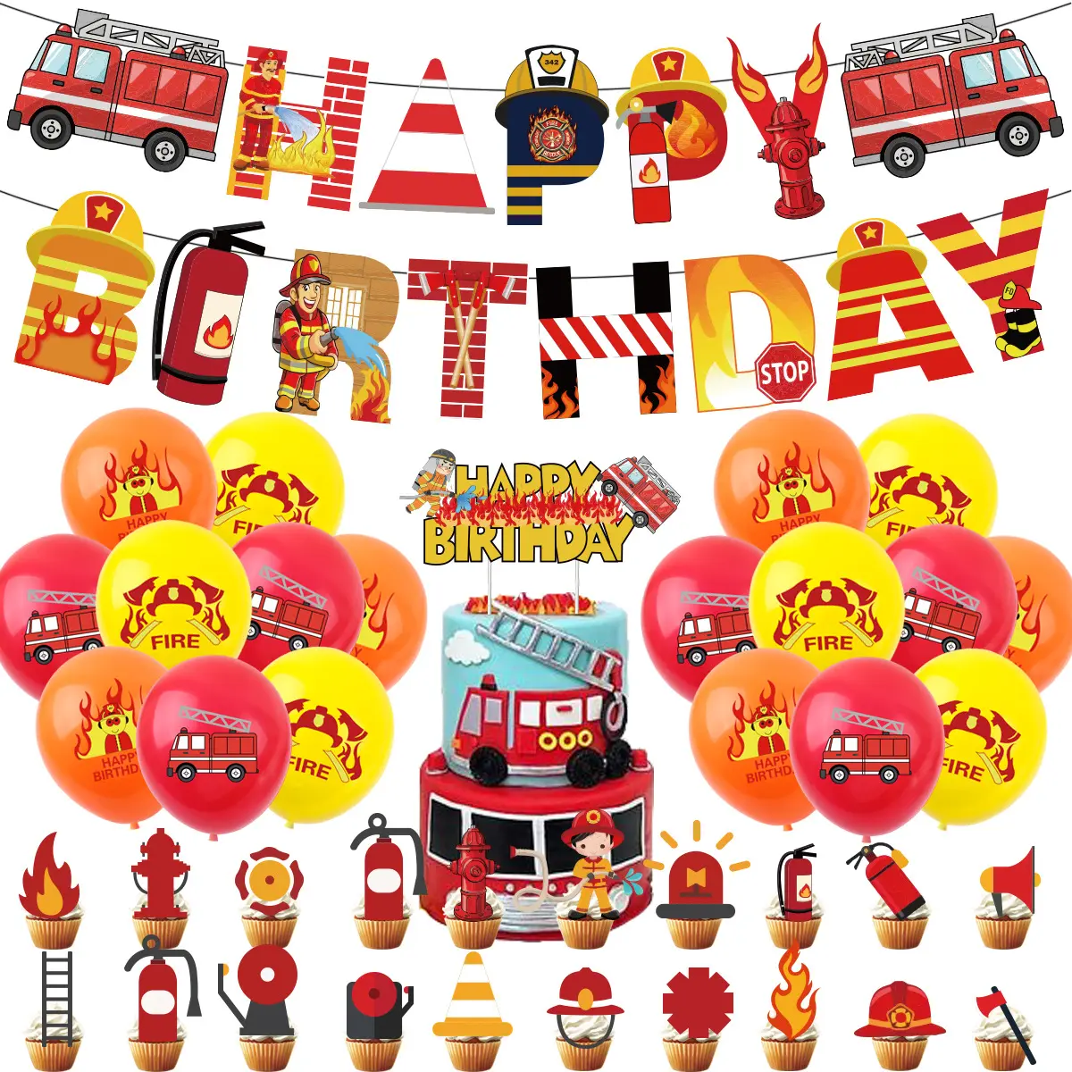 LUCKY Fire Engine Fireman Theme Juego de decoración de feliz cumpleaños para niños Cumpleaños Día DE LOS NIÑOS Fiesta Camión de bomberos Suministros para fiestas