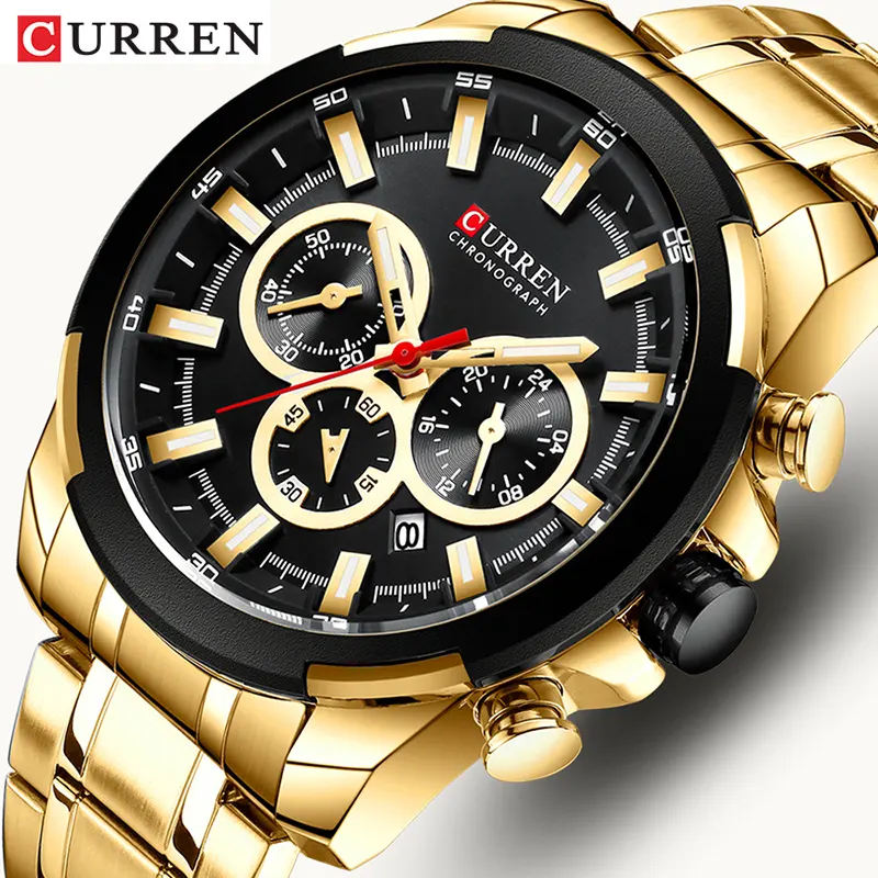 CURREN jam tangan pria, jam tangan lelaki desain emas kronograf, kuarsa baja mewah, olahraga besar, merek terkenal