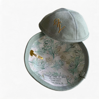 Kipá Verde Salvia con Logotipo Personalizado, Kippot Personalizadas con Forro Floral Botánico para Bar Mitzvah, Recuerdo, Accesorio Ritual