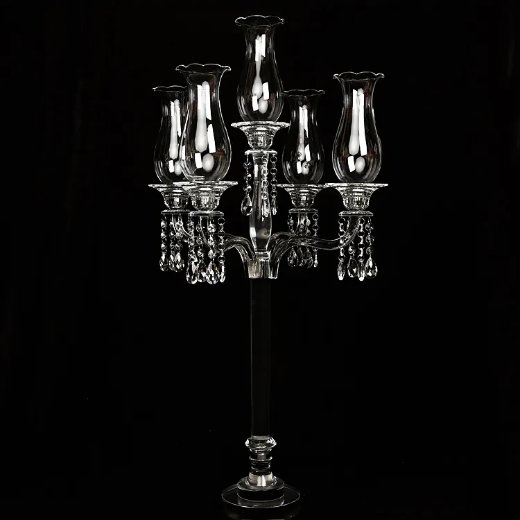 Pujiang 5 arms Transparent tall glass candle holder round base crystal candelabra wedding table decoration centerpieces