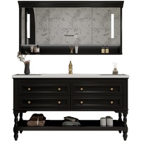 Meuble de salle de bain français en bois massif avec planche laquée, comptoir en marbre autoportant, miroir de salle de bain et bassin en céramique d'hôtel