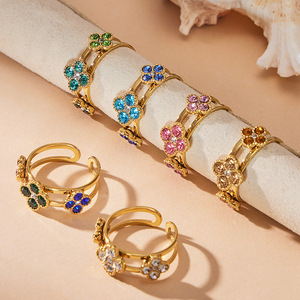 Waterproof Adjustable Floral Zircon <b>Open</b> <b>Ring</b> High Polished Stainless Steel 18K Gold Plated <b>Ring</b> For Women - Product Image 2