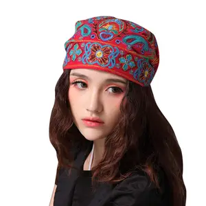 Chapéu estilo chinês tradicional feminino, chapéu étnico vintage bordado flores bandanas impressão vermelha