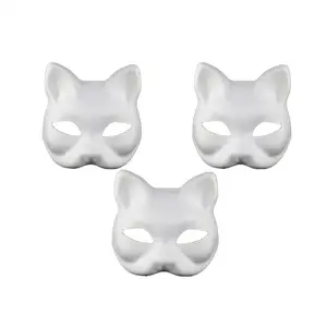 XYBHRC 3 piezas Therian gato blanco en blanco DIY Halloween Animal media máscara, Bola de maquillaje, fiesta de juego de rol