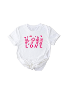 Maglietta Asl Love unisex a maniche corte in cotone con scollo rotondo, t-shirt casual con stampa del segno Asl per San Valentino - Product Image 1