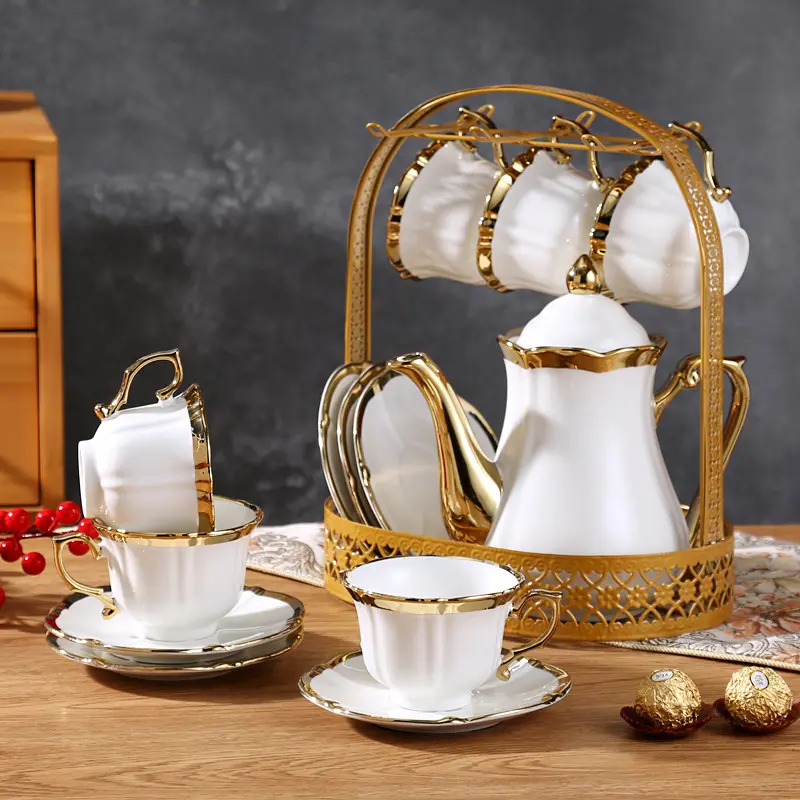 Alta qualidade 14pcs copo de porcelana conjuntos para café e chá bule branco e ouro cerâmica chá copo e pote conjunto