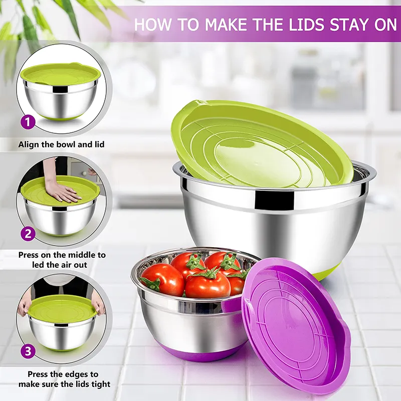 Wholesale 14-28cm Multifunctional Stackable Colour Baking Food Serving Stainless Steel Salad Mixing Bowl Set With Lid