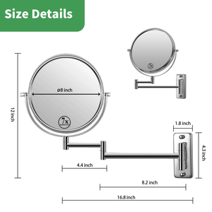 Espejo de tocador de maquillaje montado en la pared DB de 8 pulgadas con aumento de 1X/7X, brazo de extensión giratorio de 360 ° (acabado cromado) - Product Image 6