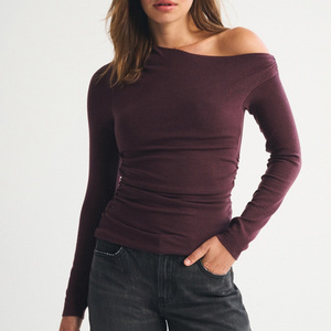 Custom New Arrival Wine <b>Red</b> off Shoulder Ruched Side Detail Regular Fit Soft Cotton Women Long Sleeve <b>Crop</b> Summer Casual T-shirt - Product Image 1