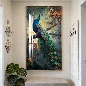 Cuadro Decorativo de Lujo con Estampado Animal para Colgar en la Pared, Decoración para Sala de Estar, Pintura de Cristal de Pavo Real con LED - Product Image 4