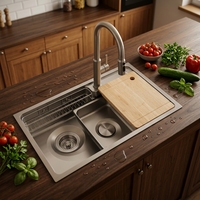 Grand évier de cuisine carré en acier inoxydable 304 moderne 680x480mm épaisseur 4mm Nano fait main multifonctionnel avec accessoires