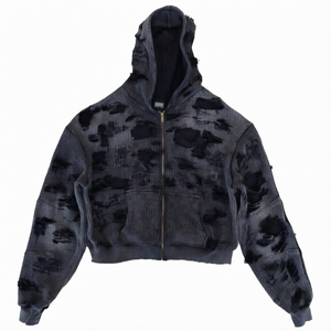 Sweat à capuche zippé oversize pour homme, 100% coton, effet délavé, tricot gaufré, streetwear personnalisé - Product Image 1