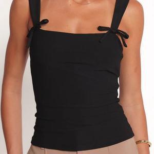 Vente en gros de blouses d'été pour femmes, sans manches, en tricot, col carré, avec logo personnalisé, coupe ajustée confortable, couleur unie, hauts pour femmes - Product Image 5