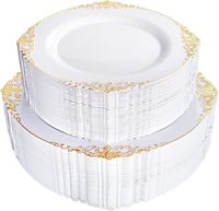 100 assiettes en plastique jetables robustes blanches et à bord doré, comprenant 50 assiettes à dessert de 7,5 pouces et 50 assiettes à dîner de 10,25 pouces