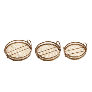 Set di 3 vassoi rotondi in bambù intrecciato marrone con manici per conservare e servire alimenti - Product Image 3