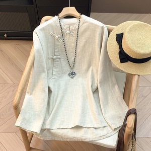Chinese Style Cotton Linen Shirt Women Long Sleeve Solid Color Traditional Chinese Loose Tea Dress Top - Product Image 1
