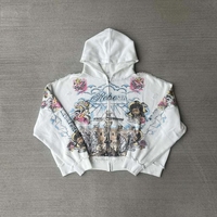 Proveedor de sudaderas con capucha de alta calidad OEM para hombre, blancas, de algodón de 500 g/m², con cuello alto, logotipo gráfico, cremallera, estilo holgado, manga larga y diseño único.