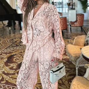 Hot New Arrival Women's Wear Sexy Collared Shirt & <b>Pants</b> Lace Sheer 2-Piece Set Fashion - Product Image 4