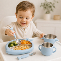 Wal-Motiv Baby Fütterungsset Schüssel Teller Becher Set Edelstahl Innen Silikon Außen Saugnapf Kleinkind Geschirr Entwöhnungsset
