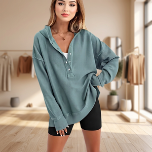 Sudadera con capucha extragrande para mujer, jersey acanalado de manga larga, informal, de color liso, transpirable, de punto, con forro frontal, para otoño - Product Image 3
