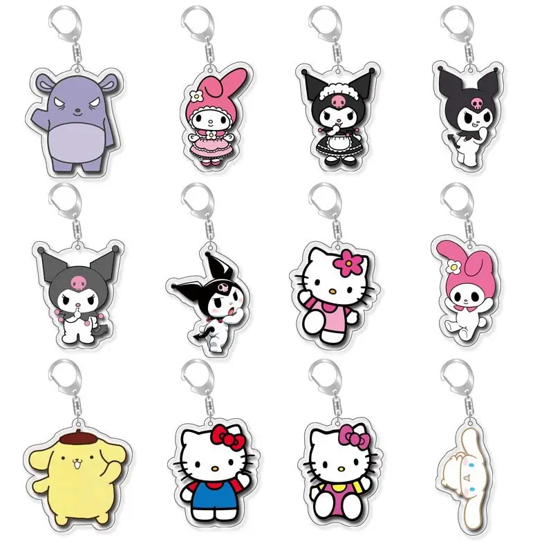 Özel Logo çift taraflı Glitter Hologram akrilik anahtarlık Anime Sanrio Kitty melodi Charm şeffaf plastik anahtarlık